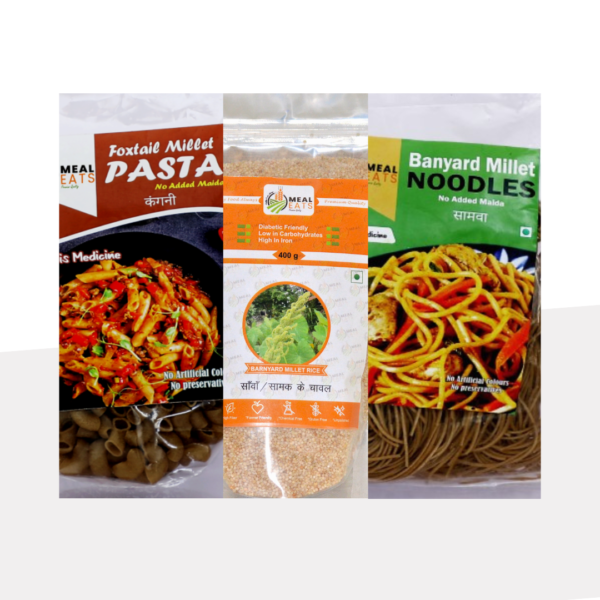 MealEats Combo of Barnyard Millet Noodles, Foxtail Millet Pasta, and Barnyard Millet Rice - Nutritious and Delicious Meal Solutions